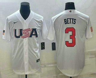 Men%27s USA Baseball #3 Mookie Betts 2023 White World Baseball Classic Replica Stitched Jersey